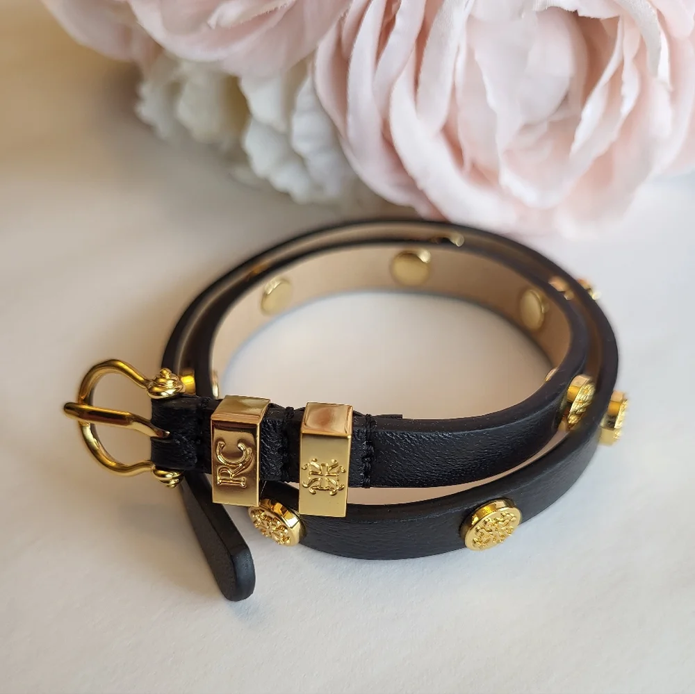 Rustic Cuff Black Leather Double Wrap Bracelet Studs Buckle Closure Goldtone - Picture 2 of 11